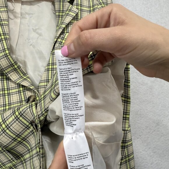 Topshop Blazer Womens US 2 Beige Neon Yellow Plaid Two Button Lined 17B17MULT - Picture 9 of 12